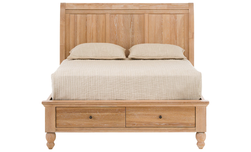 Wooden bed with a white mattress and pillows on a white background